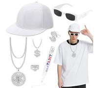 7pcs Hip Hop Costume Set, Rapper Costume Accessories, Fancy Dress Set with White Hip-hop Hat Sunglasses Silver Dollar Necklace Ring White Marker for Carnival Theme Parties Role Play