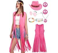 7pcs Hippie Costume Women's Set Cowgirl Costume Hippie Tassel Vest 70s Outfit Cowboy Hat Halloween Theme Party Carnival Fancy Dress Costumes (Pink, XS)