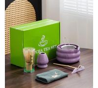 7Pcs Japanese Matcha Tea Set, Matcha Kit with Matcha Bowl (with Pouring Spout), Matcha Whisk, Whisk Holder, Strainer - Elegant Matcha Set for Gifting and Personal Use, Gift Box Packaging (Purple;)