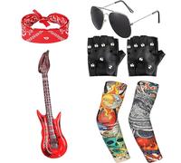 7PCS Kids Rock Star Costume Accessories Kit - Rockstar Fancy Dress Set with Inflatable Guitar, Sunglasses, Gloves, Headband & Sleeves - Punk Heavy Metal Dress Up for Boys Girls Party Cosplay