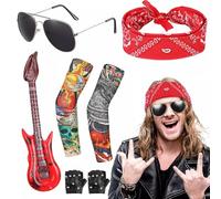 7Pcs Kids Rockstar Costume Set with Inflatable Guitar, Women's Premium Rocker Outfit Heavy Metal Accessories, Ultimate Rock Look for Halloween Party, Girls & Boys