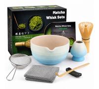 7pcs Matcha Set, Matcha Whisk Set - Matcha Whisk Bamboo, Whisk Holder, Matcha Bowl, Scoop, Sifter, Absorbent Cloth - Japanese Tea Ceremony Set for Home Use or as a Gift, Gradient Blue