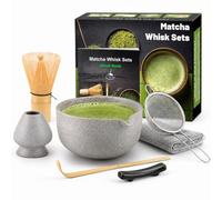 7pcs Matcha Set, Matcha Whisk Set - Matcha Whisk Bamboo, Whisk Holder, Matcha Bowl, Scoop, Sifter, Absorbent Cloth - Japanese Tea Ceremony Set for Home Use or as a Gift, Grey White