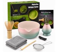 7pcs Matcha Set, Matcha Whisk Set - Matcha Whisk Bamboo, Whisk Holder, Matcha Bowl, Scoop, Sifter, Absorbent Cloth - Japanese Tea Ceremony Set for Home Use or as a Gift, Gradient Pink-Blue