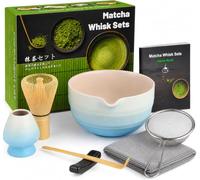 7pcs Matcha Set, Matcha Whisk Set - Matcha Whisk Bamboo, Whisk Holder, Matcha Bowl, Scoop, Sifter, Absorbent Cloth - Japanese Tea Ceremony Set for Home Use or as a Gift, Kiln-Change Blue
