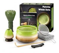7pcs Matcha Set, Matcha Whisk Set - Matcha Whisk Plastic(Green), Whisk Holder, Matcha Bowl, Scoop, Sifter, Absorbent Cloth - Japanese Tea Ceremony Set for Home Use or as a Gift, Kiln-Change Green