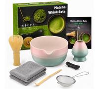 7pcs Matcha Set, Matcha Whisk Set - Matcha Whisk Plastic, Whisk Holder, Matcha Bowl, Scoop, Sifter, Absorbent Cloth - Japanese Tea Ceremony Set for Home Use or as a Gift, Gradient Pink-Blue