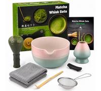7pcs Matcha Set, Matcha Whisk Set - Matcha Whisk Plastic, Whisk Holder, Matcha Bowl, Scoop, Sifter, Absorbent Cloth - Japanese Tea Ceremony Set for Home Use or as a Gift, Gradient Pink-Blue