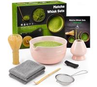 7pcs Matcha Set, Matcha Whisk Set - Matcha Whisk Plastic, Whisk Holder, Matcha Bowl, Scoop, Sifter, Absorbent Cloth - Japanese Tea Ceremony Set for Home Use or as a Gift, Gradient Pink