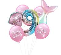 7PCs Mermaid Foil Balloons Set Mermaid Sea Theme Birthday Party Decoration 32 Inch Number Foil Balloon Shell Helium Balloon (Pink-9)