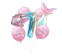 7PCs Mermaid Foil Balloons Set Mermaid Sea Theme Birthday Party Decoration 32 Inch Number Foil Balloon Shell Helium Balloon (Pink-7)