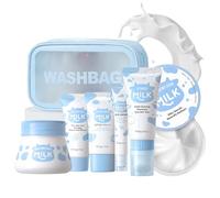 7PCS Milk Skincare Set -Mothers Day Gifts -Gifts For Teenage Girls - Skin Care Sets & Kits With Cleanser,Eye Cream,Exfoliating Scrub, Sunscreen,Hand Wax,Brightening Cream - Gifts for Her