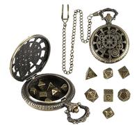 7Pcs Mini DND Dice Set with Steampunk Pocket Watch Shell Case Polyhedral Small Metal D&D Dice Antique DND Gifts Box RPG MTG Pathfinder Table Games Role Playing Board Game Accessories, Bronze