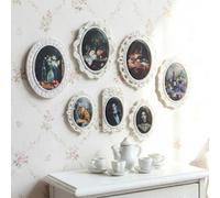 7pcs Mini Picture Frames White Oval Small Vintage Picture Frames with 7 Miniature Pictures Antique Tiny Photo Frame 1/12 Scale Accessories for Dollhouse DéCor Tabletop Wall Mount Display