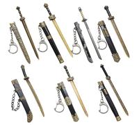 7Pcs Mini Sword, Ancient Sword Keychain Chinese Keychain Zinc Alloy Key Chain Old Scabbard Decoration Pattern Keychain Uncut Blade Model for Men Women