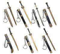 7Pcs Mini Sword, Ancient Sword Keychain Chinese Keychain Zinc Alloy Key Chain Old Scabbard Decoration Pattern Uncut Blade Model for Men Women