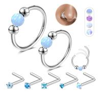 7pcs Nose Rings Set 18G Opal Hoops and 20G L-Shaped Studs for Women Men Hypoallergenic 316L Surgical Steel Piercing Jewelry Septum Ring, Cartilage Earring, 8mm 10mm, Stainless Steel, 1
