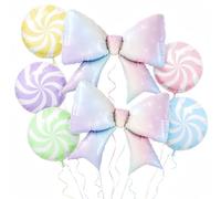 7Pcs Pastel Candyland Party Decor/Gradient Bow Macaron Candy Swirl Balloons/Sweet Rainbow Candy Decor for Coquette Christmas Party/Unicorn Princess/Sweet One Birthday/Pink Winter Wonderland