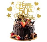 7Pcs Personalised Happy 50th Birthday Cake Topper, 50th Birthday Cake Decorations with Heart Star Cupcake Picks, Gold Glitter Happy 50 Years Old Birthdays Sign for Birthdays Party Supplies