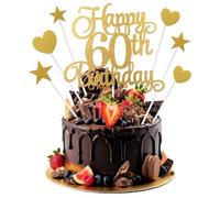 7Pcs Personalised Happy 60th Birthday Cake Topper, 60th Birthday Cake Decorations with Heart Star Cupcake Picks, Gold Glitter Happy 60 Years Old Birthdays Sign for Birthdays Party Supplies