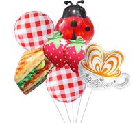 7Pcs Picnic Party Balloons/Sandwich, Coffee Cup Food Balloon/Strawberry, Ladybug & Red Gingham Foil Balloons for Summer Outdoor Party, Farm Theme, Garden Brunch, Picnic Birthday Decorations