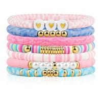 7Pcs Pink Blue Friendship Bracelets Bulk, Trendy Heishi Clay Bead Bracelets for Women, Bohemian Stackable Gold Plated Beaded Stretch Bracelet, Elastic Layering Surfer Bracelet Set Boho Jewelry for