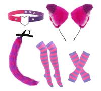 7PCS Pink Purple Striped Cat Costume, Fluffy Faux Fur Fox Cat Ears Hair Headband Socks Tail Gloves Choker Set, Halloween Cosplay Accessories for Women Adults Cosplay