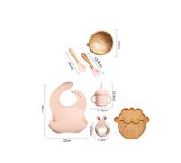 (7pcs Pink set-03) Wooden Dinner Plate Feeding Supplies Bamboo Baby Tableware Silicone Suction Plate Bowl BPA Free Baby Stuff Newborn Accessories