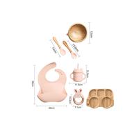 (7pcs Pink set-06) Wooden Dinner Plate Feeding Supplies Bamboo Baby Tableware Silicone Suction Plate Bowl BPA Free Baby Stuff Newborn Accessories