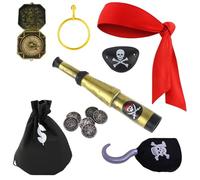 7pcs Pirate Costume, Pirate Accessories Women, Pirates Accessories Set With Compass, Telescope, Eye Mask, Gold Earrings, Black Coin Bag, Coins, Pirates Red Headscarf,for Cosplay, Party