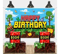7Pcs Pixel Birthday Party Decoration Set Mining Video Game Backdrop with Large Pixel Centerpieces Boxes Miner Themed Photography Background Banner Box for Mine Kids Birthday Party Decor Supplies Favor