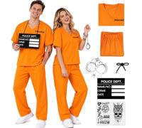 7PCS Prisoner Costume Men Convict Fancy Dress Criminal Inmate Jail Suit | Orange Prison Top, Pants, Handcuffs, Name Tag, Temporary Tattoo; Couples/Group Party, Halloween, Cosplay, Photo, Adult