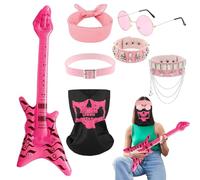 7Pcs Punk Rock Star Fancy Dress Accessories Set for Kids Girls Adult, Rockstar Costume Gothic Rock Accessories with Sunglasses Bandana Guitar Mask 80s Disco Party Carnival Halloween Supplies