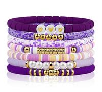 7Pcs Purple Friendship Bracelets Bulk, Trendy Heishi Clay Bead Bracelets for Women, Bohemian Stackable Gold Plated Beaded Stretch Bracelet, Elastic Layering Surfer Bracelet Set Boho Jewelry for