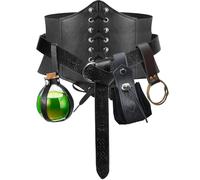 7PCS Renaissance Costume Sets Corset Waistband Belt Pouch Coin Purse Potion Bottle Strap Holder Medieval Cosplay, Black, XL/Waist 39"-45"
