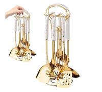 7Pcs/Set Kitchen Utensils Set Stainless Steel Gold Utensils Set for Cooking with Utensil Holder Dishwasher Safe Hanging Metal Kitchenware Include Spatula, Ladle, Pasta Spoon (Golden).