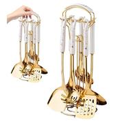 7Pcs/Set Kitchen Utensils Set Stainless Steel Gold Utensils with Holder Dishwasher Safe Hanging Metal Kitchenware Kit Include Spatula, Ladle, Pasta Spoon.