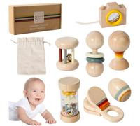 7Pcs/Set Newborn Toys Organic Natural Wooden Baby Rattle Set with Rainstick, Hand Bell, Sand Ball, and More, Newborn Toys with Storage Bag for Boys & Girls Birthday Gift Wooden Rattle