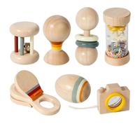 7Pcs/Set Wooden Baby Rattle Organic Natural Baby Rattle with Rainstick, Hand Bell, Sand Ball, and More, Montessori Wooden for Boys & Girls Birthday Gift Toys
