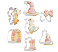 7pcs Silly Goose Cookie Cutter Set, Cute Stainless Steel Baby Shower Chicken Farm Animal Chocolate Cracker Cutter Include Bowknot Bow Hat Balloon & Number 1 for One Birthday Party Baby Gender Reveal