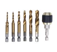7Pcs Spiral Combination Tap Set, High Speed Steel 1/4in Hex Shank Taps for Tapping, Drilling & Chamfering, M3-M10 Thread Sizes with Fast Change Chuck for Metal, Wood, Plastic (Titanium coated tap)