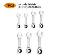 7Pcs Stubby Ratcheting Spanner Set 10-19mm Short Ratchet Combination Wrench CR-V