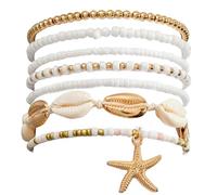 7PCS Summer Beach Bracelets for Women Shell Seashell Starfish Beaded Stretch Surfer Ankle Bracelets Set Boho Holiday Stackable Jewelry Set for Summer Beach Parties Holiday Vacations