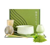 7Pcs Traditional Japanese Matcha Set: Natural Wood Matcha Making Kit Includes Spoon Whisk and Ceramic Bowl for Beginners Enthusiasts (Classic Green)