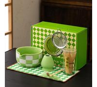 7pcs Traditional Matcha Tea Ceremony Set, green Ceramic Bowl with Bamboo Whisk, Holder and Strainer (Green grid) Elegant Matcha Set for Gifting and Personal Use, Gift Box Packaging