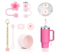 7PCS Tumbler Accessories for Stanley Cup, Includes 3 Straw Covers, 2 Leak Proof Silicone Stoppers, 1 Flower Cup Charm, and 1 Silicone Sleeve for Stanley 30oz 40oz. (Crystal pink)