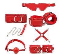 7pcs Unisex Leather Restraint Gear Set, Practical Plush Bondage Props Kit for Adult Sex Training -UKGC05Z (Red, B:Same &Cheaper)