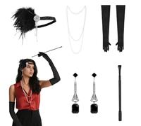 7pcs Vintage Feather Fascinator Headpiece 1920s Flapper Headband Accessories Set Faux Pearls Necklace Sparkly Earrings Long Black Gloves Extendable Handheld Props Fancy Dress Gatsby Costume Accessory