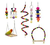 7pcs Wooden Bird Perches Platform Stand Parrots Swing Toy Hanging Swing Playstand with Chewing Beads Birds Toy Cage Accessories