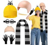 7Pcs Yellow Costume Set, Fancy Steampunk Accessories with Beanie Hat Goggles Gloves Striped Scarfs Bald Cap Long Nose for Kids Adults Halloween Cosplay Party World Book Day Dress Up